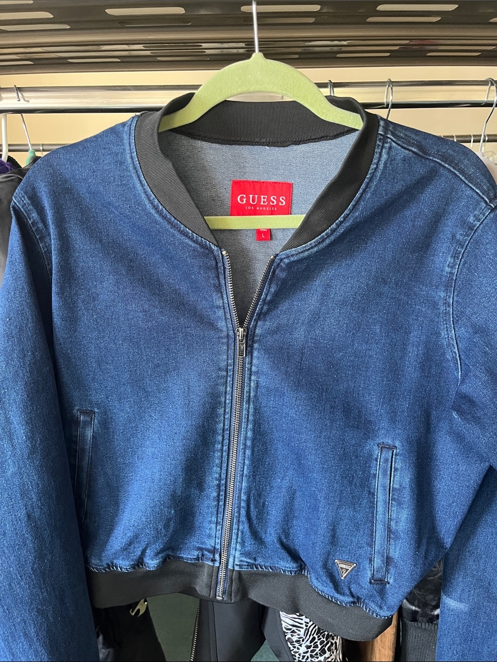 GUESS Dark Blue Denim Bomber Jacket with Black Trim